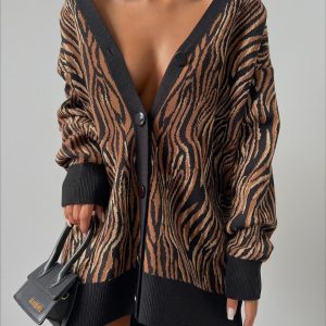 Kadın Zebra Desen Oversize Triko Hırka