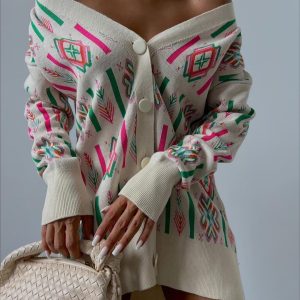 Kadın Etnik Desen Oversize Triko Hırka
