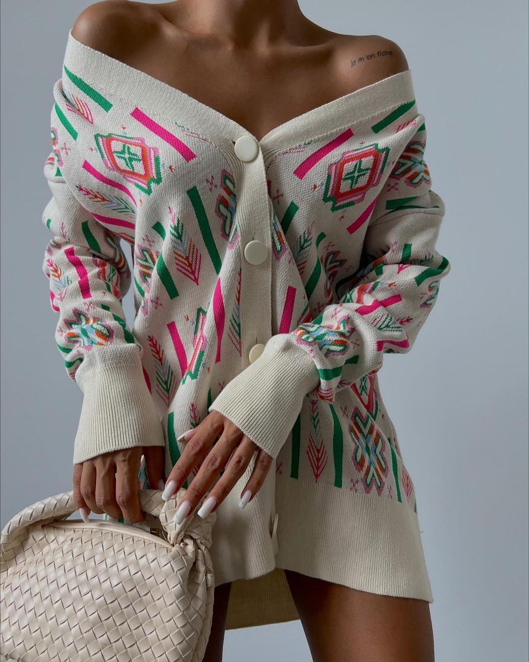 Kadın Etnik Desen Oversize Triko Hırka