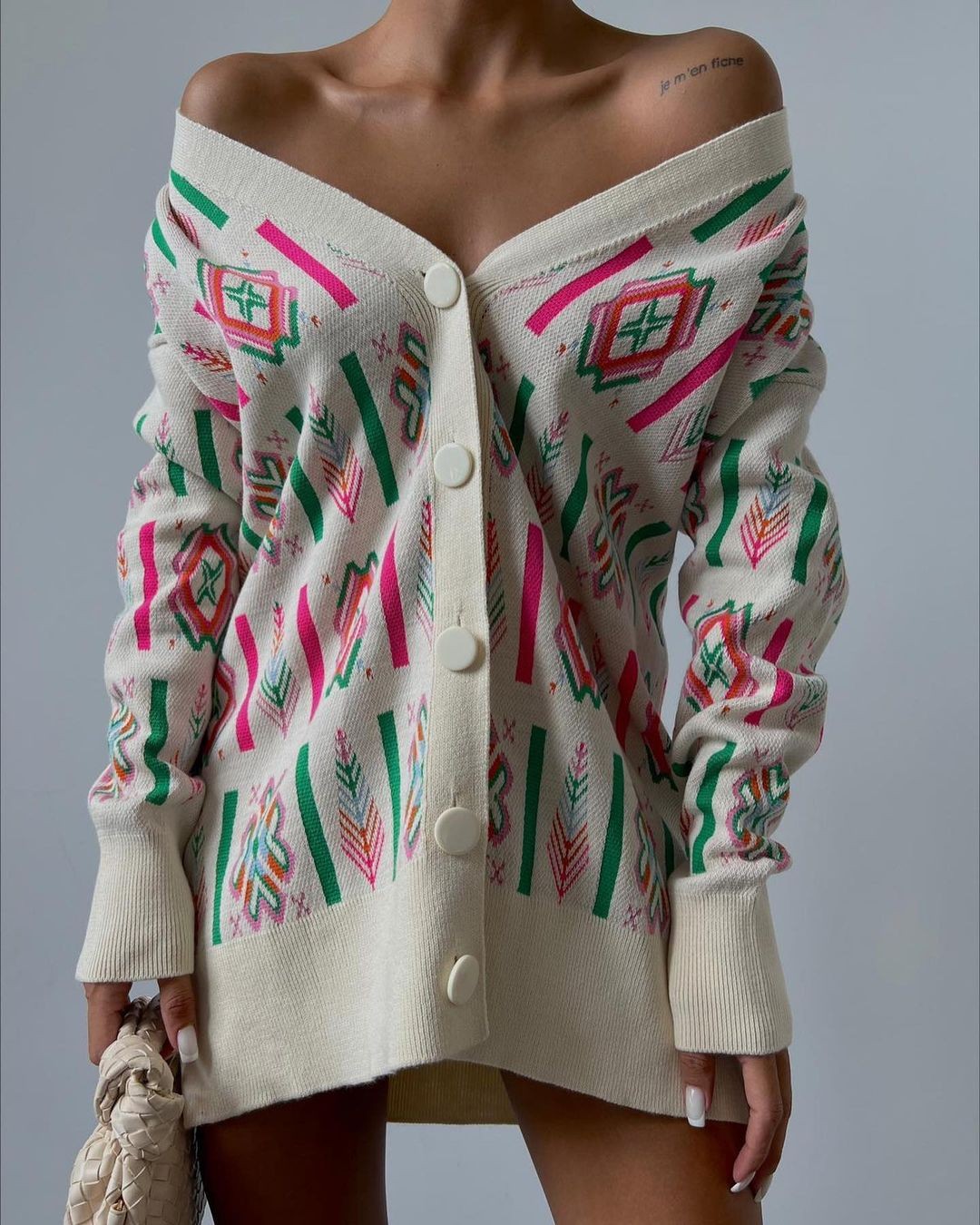 Kadın Etnik Desen Oversize Triko Hırka - Görsel 3