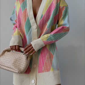 Kadın Çizgi Desen Oversize Triko Hırka