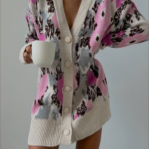 Çok Renkli Çiçek Desen Oversize Triko Hırka