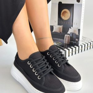 Carin Siyah Keten Bağcıklı Spor Ayakkabı