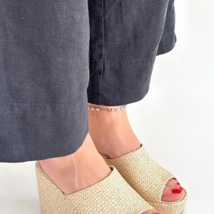 Tlay Bej Hasır Dokumalı Dolgu Topuk Terlik