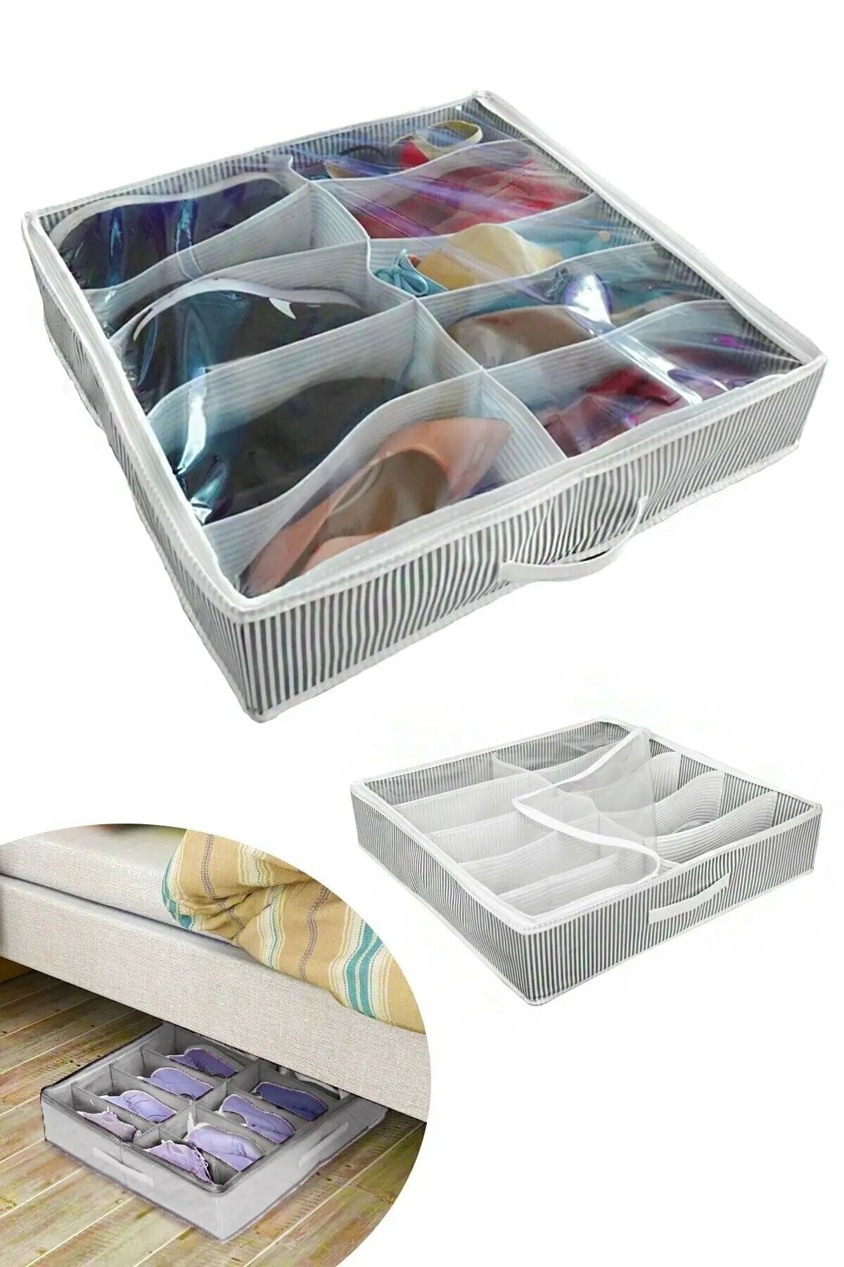 Ayakkabı Saklama Çantası 10 Bölmeli Shoes Under Ayakkabı Hurcu - Siyah Beyaz (5296)