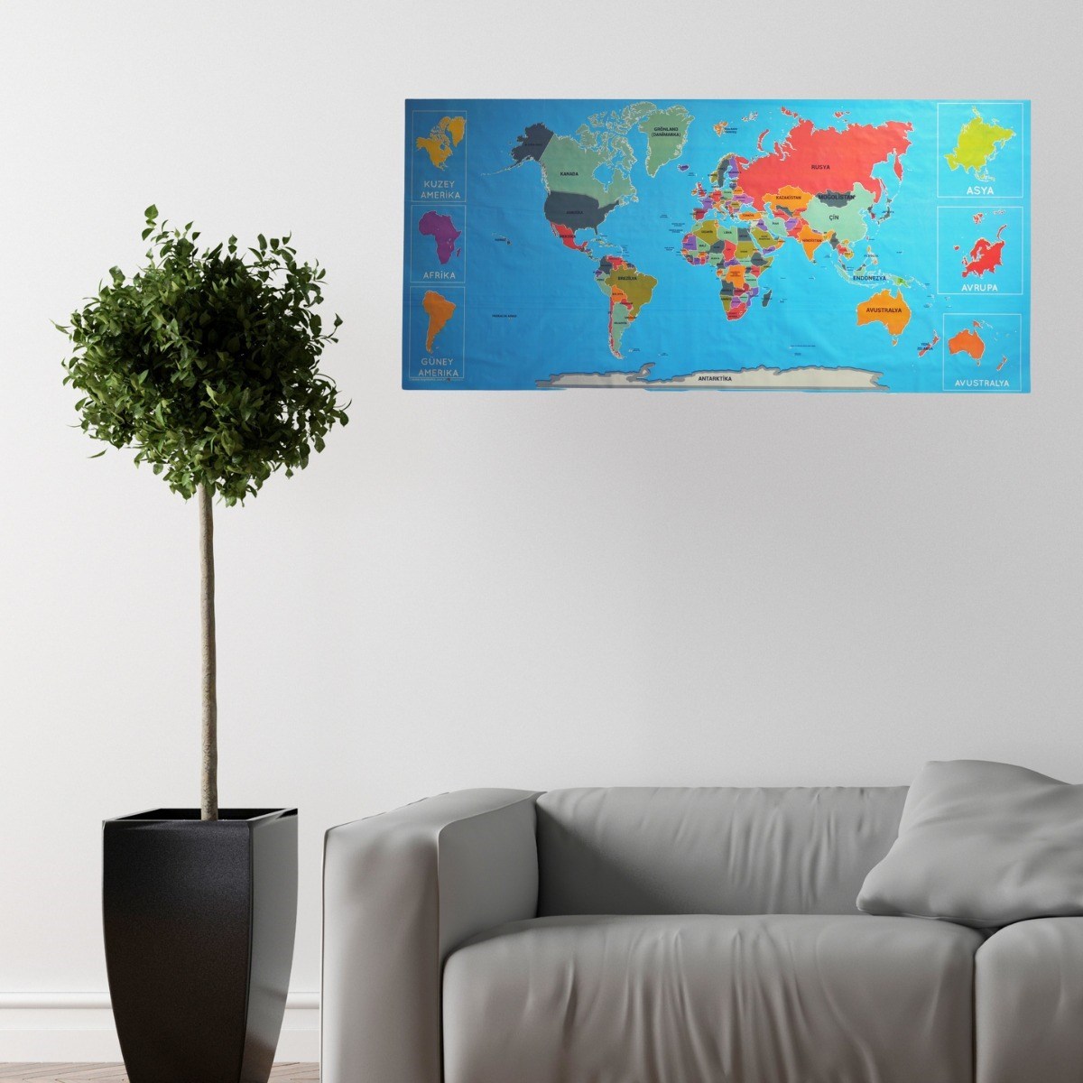 Renkli Atlas Dünya Haritası Manyetik Yapıştırıcı Gerektirmeyen Duvar Stickerı 118 CM * 56 CM (5296) - Görsel 3