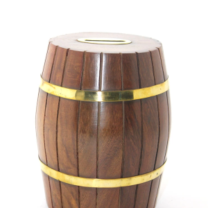 Pirinç Ahşap Fıçı Kumbara 15 Cm Wb538