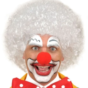 Beyaz Renk Kıvırcık Afro Bonus Peruk Saç Ve Kırmızı Sünger Burun Seti