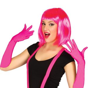 Fuşya Renk Saten Uzun Eldiven ve Küt Parti Peruğu (5296)