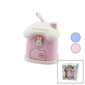 BÜYÜK=18X16X18CM EV MODELİ KİLİTLİ RENKLİ PLASTİK ÇOCUK KUMBARA TAVŞAN FİGÜRLÜ (5296)