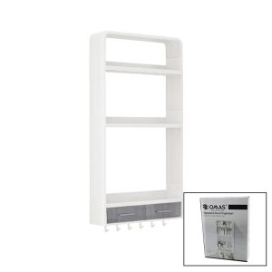 BEYAZ YAPIŞKANLI DUVAR ORGANİZERİ PLASTİK 3 RAF=14CM-19CM-30CM - 2 ÇEKMECE=40CM - 6 ASKI 19 PARÇA (5296)