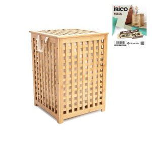 AHŞAP BAMBU KİRLİ ÇAMAŞIR SEPET KUMAŞ ÇANTALI SEPET=45X45X62CM (5296)