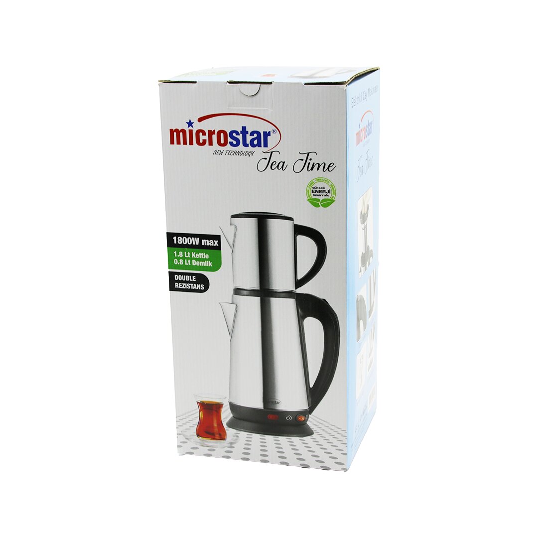 MİCROSTAR ELEKTRİKLİ ÇELİK ÇAY MAKİNESİ ÇAYCI SET 1.8LT SU ISITICI+ 0.8LT DEMLİK 1800W 360 DERECE DÖENBİLENGÖVDE (5296)