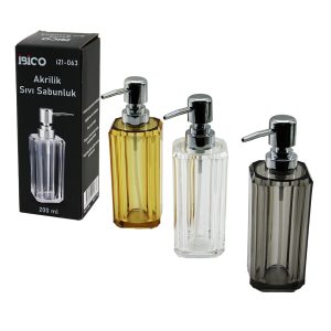 UZUN KARE TABAN -SEKİZGEN GÖVDE ŞEFFAF - RENKLİ AKRİLİK - MİKA KRİSTAL SIVI SABUNLUK 200ML (5296)