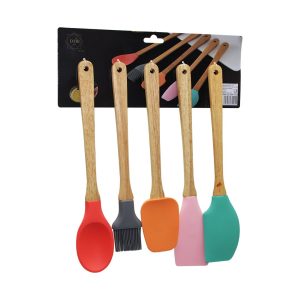 5 PARÇA AHŞAP SAPLI BÜYÜK RENKLİ SİLİKON MUTFAK SET FIRÇA - KAŞIK - SERVİS K. - SPATULA - KARIŞTIRICI (5296)