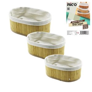 3 BOY OVAL BAMBU KENAR ORGANİZER SEPET AHŞAP ALTLIK - BEZLİ 13X22-16X26-20X30CM (5296)