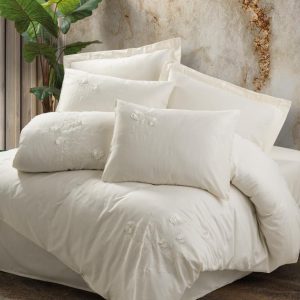 3D Nakışlı Çift Kişilik Saten Nev Takımı Pure Ekru