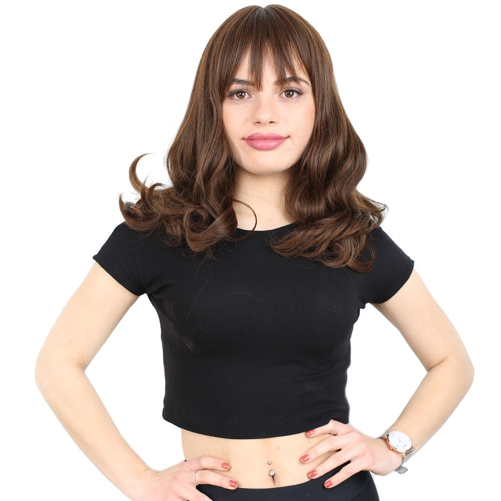 Dalgalı Perçemli Orta Boy Fiber Sentetik Peruk / Kahve Karamel