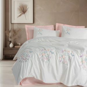 3D Nakışlı Çift Kişilik Saten Nev Takımı Liva Pudra