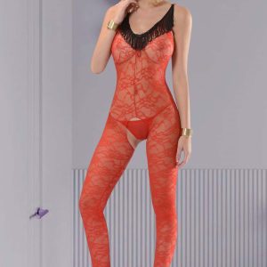 Kırmızı Siyah Püskül Detay Vücut Çorabı