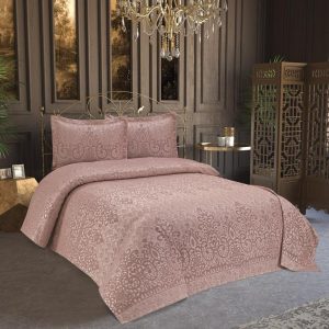 3 Parça Çift Kişilik Yatak Örtüsü Royal Pudra