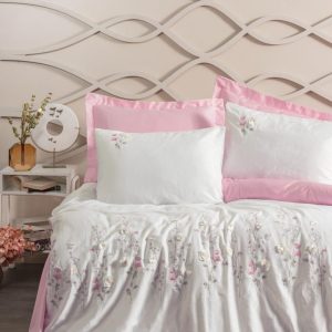 3D Nakışlı Çift Kişilik Saten Nev Takımı Jolie Pembe
