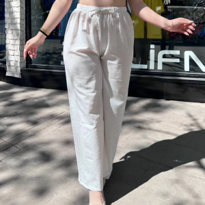 Bağcıklı keten pantolon krem