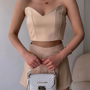 Arkadan büzgülü esnek büstiyer bej