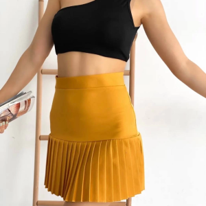 Altı pliseli mini etek hardal s24705
