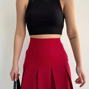 Altı geniş pileli etek bordo s24729
