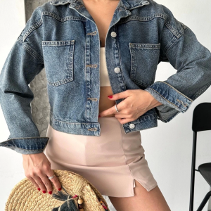 Çift cepli kol katlamalı kar yıkama crop kot ceket kahve tint d2000