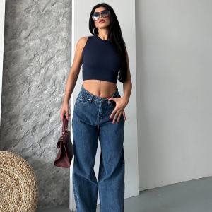Baggy kar yıkama jeans pantolon koyu mavi d2007
