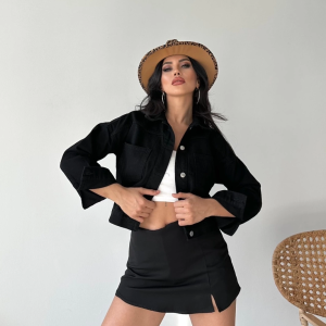 Çift cepli kol katlamalı süper taş enzim yıkamalı crop kot ceket siyah d2000