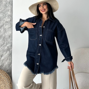 Cepli püsküllü kar yıkama kot ceket koyu mavi d2515