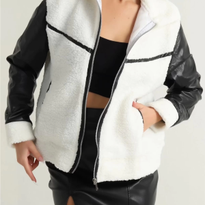 Deri garnili kuzu peluş mont beyaz t1220