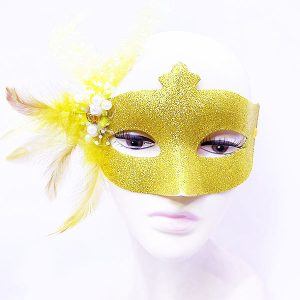 Sim İşlemeli İnci Boncuk Detaylı Tüylü B Maskesi Altın Renk 13x18 cm