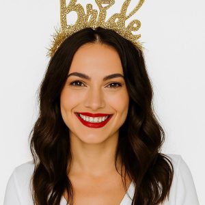 Altın Renk Bekarlığa Veda İtalik Yazı Alyanslı Bride Taç