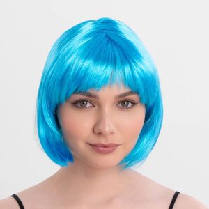 Turkuaz Açık Mavi Renk Düz Kesim Kısa Küt Parti Peruğu