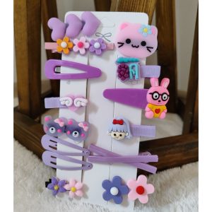 14 Lü Set Çocuk Saç Tokası Seti Mor Tema Çoklu Figürlü Toka Set