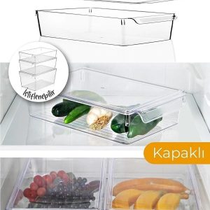 1 Adet Kapaklı Akrilik Buzdolabı Düzenleyici Saklama Meyve Sebze Saklama Kabı ( 32 x20x7 cm)