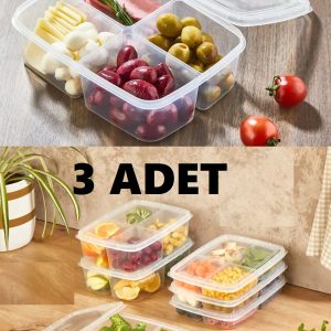 3 Adet 4 Bölmeli Diyet Saklama Kabı Öğünlük Kahvaltılık Piknik Beslenme Mikrodalga- Dipfriz uyumlu
