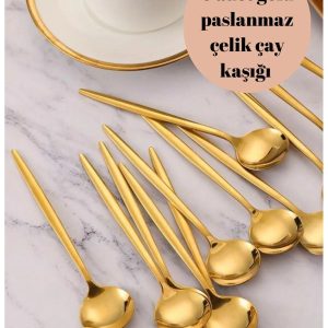 6 Adet Şık Parlak Gold Paslanmaz Titanyum Çelik Çay Kaşığı Kararmaz