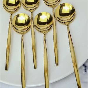 6 Adet Lüx Şık Paslanmaz Çelik Gold Renk Titanyum Kaplama Yemek Kaşığı