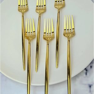 6 Adet Lüx Şık Paslanmaz Çelik Gold Titanyum Kaplama Yemek Çatalı