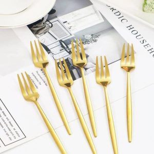 6 Adet Mini Boy Lüx Gold Fondü Çatalı Paslanmaz Çelik 14 Cm Tatlı Çatalı