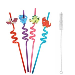 5 Parça Renkli Pipet Seti - Emojili Spiral Kokteyl- Çocuk Pipeti Temizleme Fırçalı