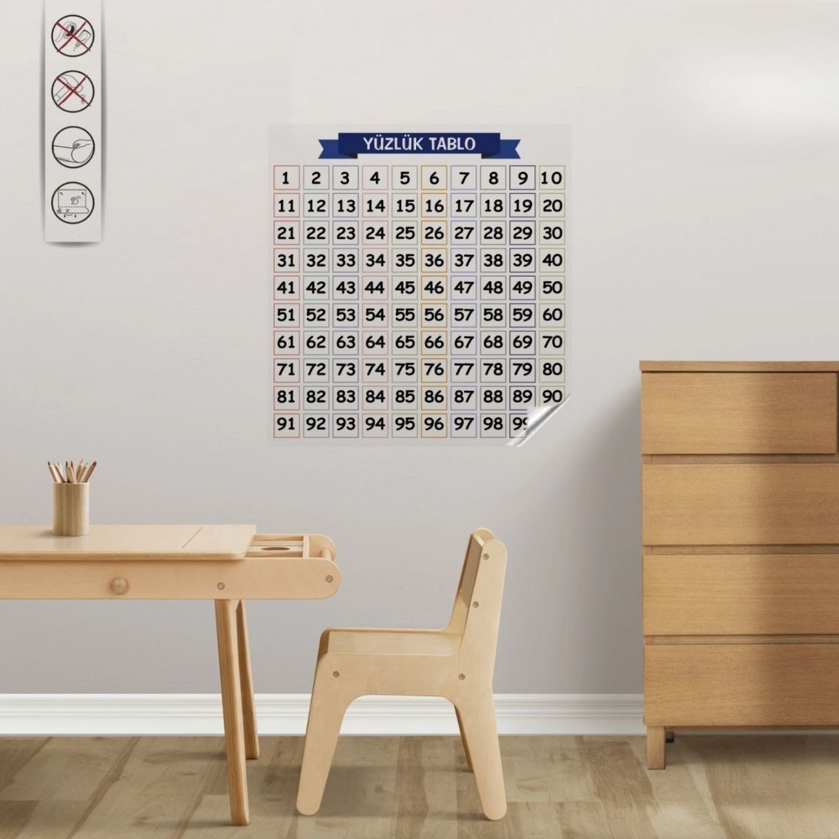 İz Bırakmaz Akıllı Kağıt Yapışkansız Statik 60x60 cm Matematik Öğreten Yüzlük Tablo - Görsel 2