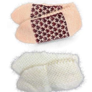 2 Çift Kışlık Şık Kadın Yün Patik Krem Desenli Krem
