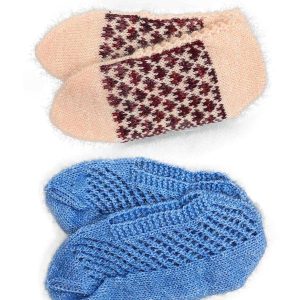 2 Çift Kışlık Şık Kadın Yün Patik Krem Desenli Mavi