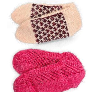2 Çift Kışlık Şık Kadın Yün Patik Krem Desenli Pembe
